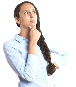 Woman thinking with hands on chin
