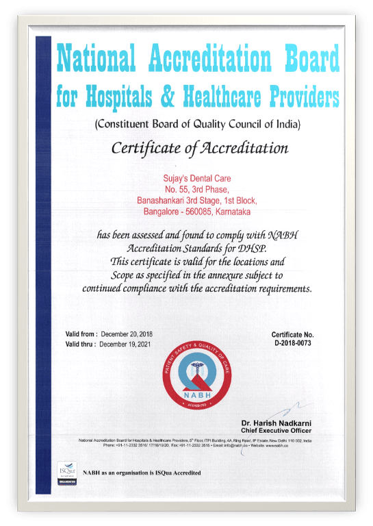 Sujay's Dental Care's certificate of NABH accredition - 1