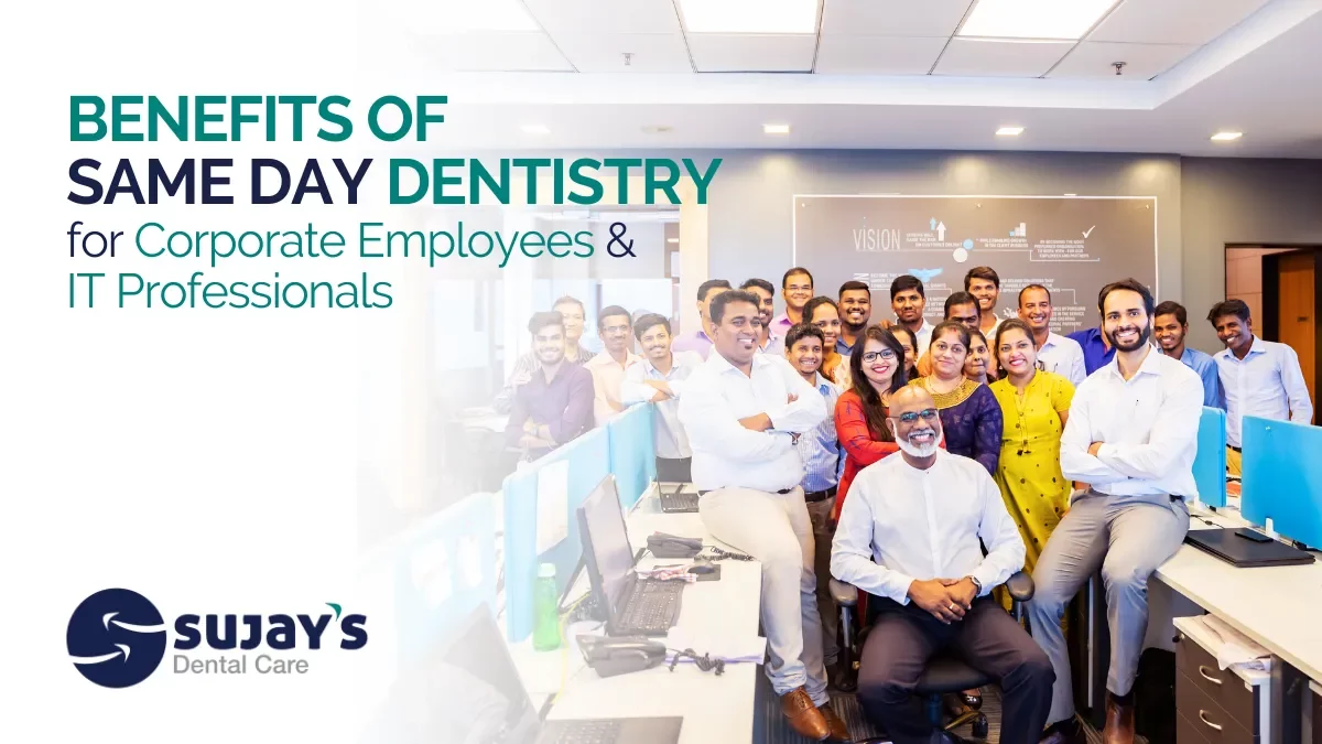 Happy corporate employees smiling together as a team for Same-Day Dentistry
